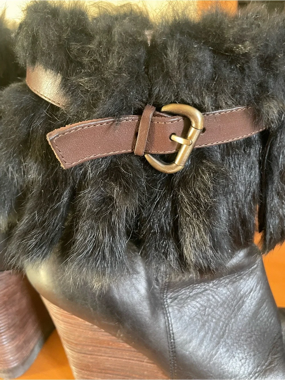 Vintage Faux Fur Trim Black Wedge Booties